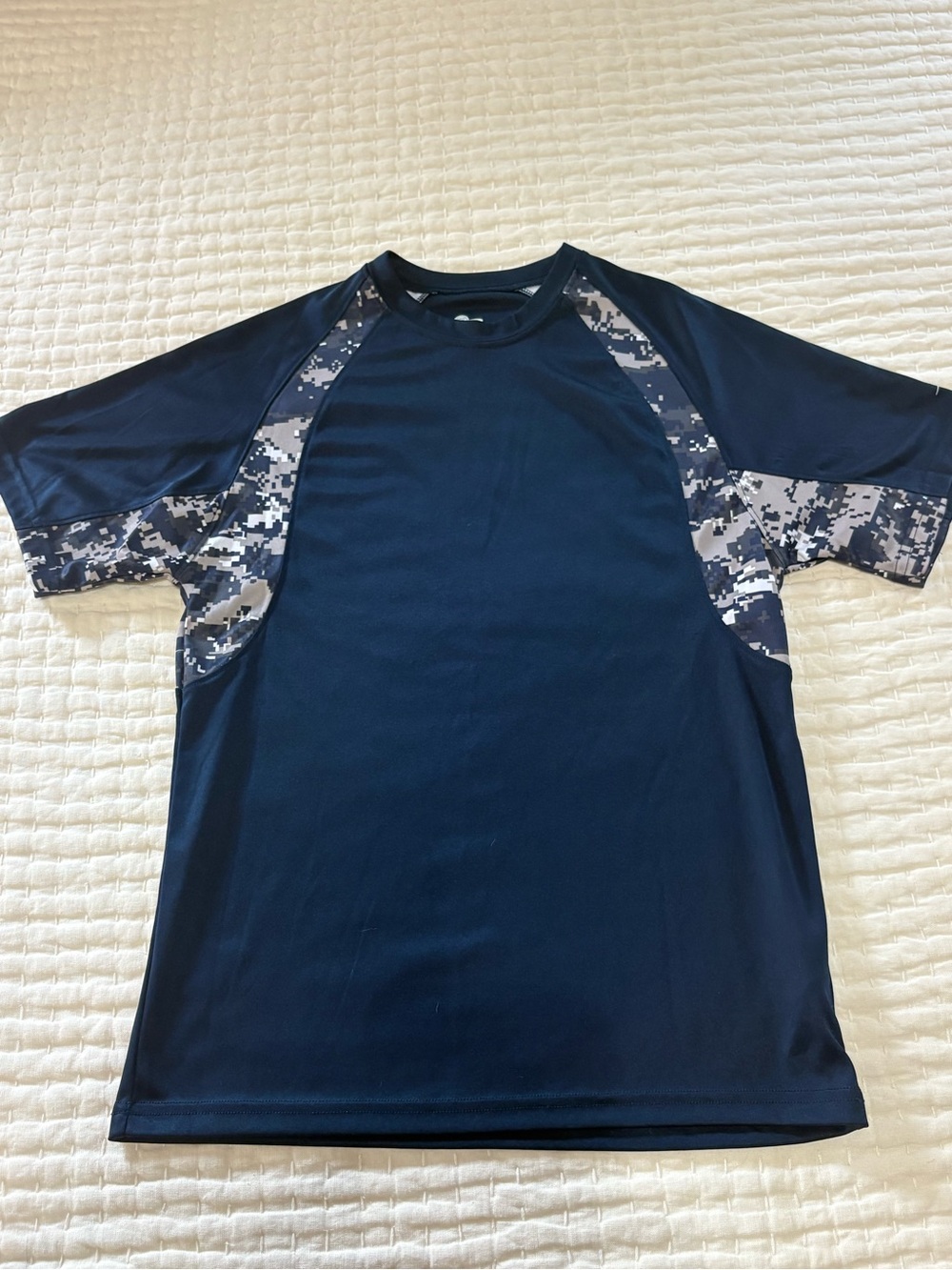 Boys Navy Blue Short-Sleeve Athletic Shirt with Digital Camo Accents